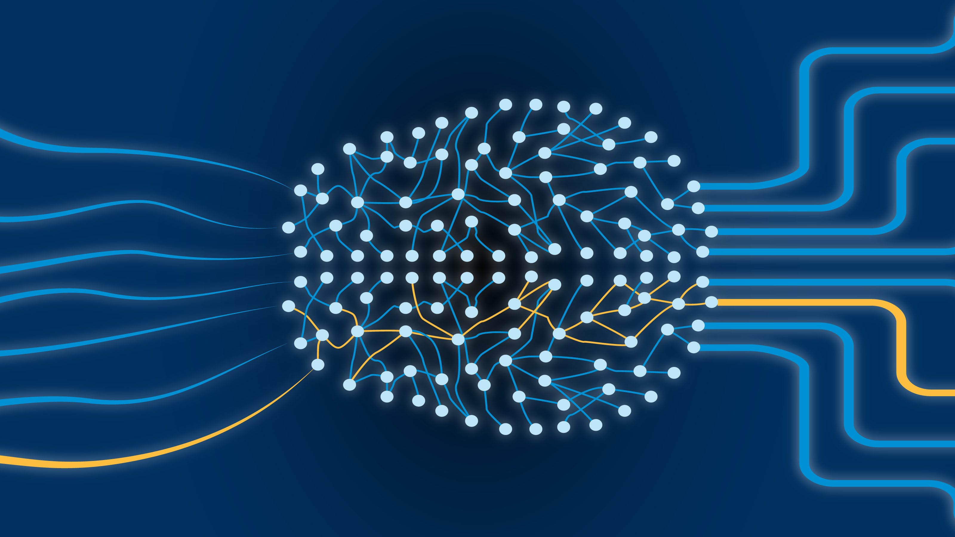 Neural-network diagram with data inputs flowing into nodes and outputs